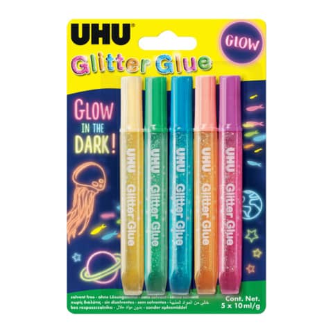 Colla Glitter Uhu Glow in the dark -10 ml - colori assortiti - Confezione da 5 pezzi - 48211